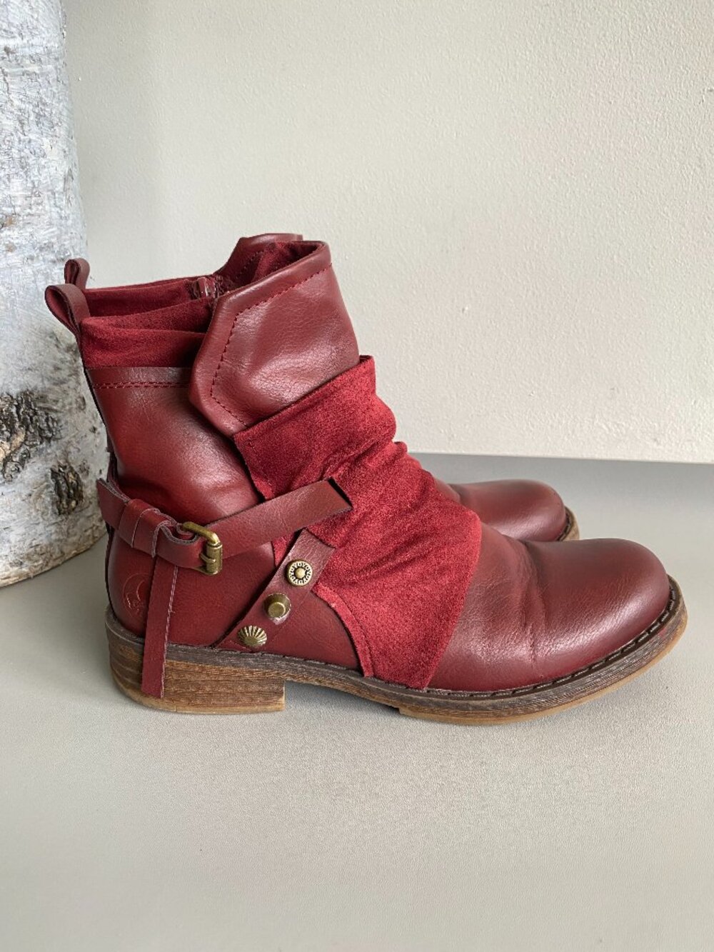 Rieker Red Slouch Ankle Boots Strappy Buckle Moto Vegan Boho Faux Leather SZ 9